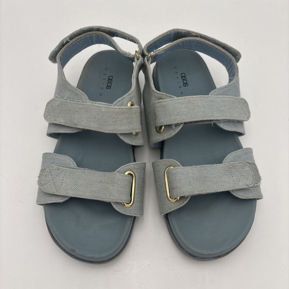 ASOS Women's Strappy Flat Sandals Light Blue Gray Denim Gold Buckle Size US 8